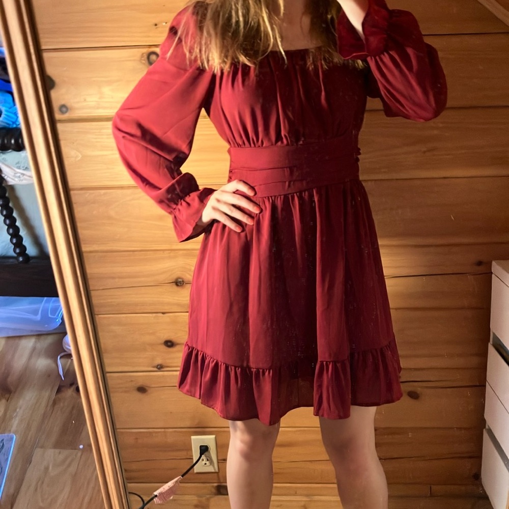 Women’s size small red ruffle tie back dress color maroon